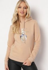 Beżowa Bluza z Kapturem i Nadrukiem Diames. Brązowe bluzy Born2be, l, bez wzorów, z polaru, z kapturem. W wyprzedaży za 76.49 zł.