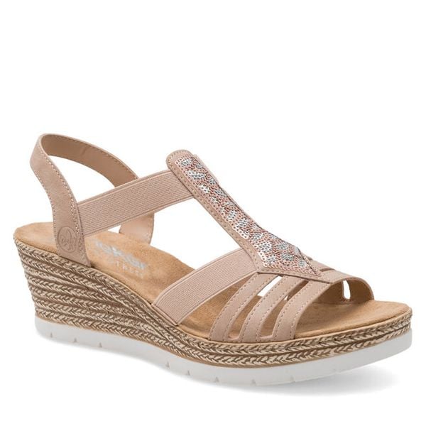 Sandały Rieker. Czerwone sandały Rieker, bez wzorów, bez obcasa, na koturnie, bez zapięcia. Za 319.99 zł.