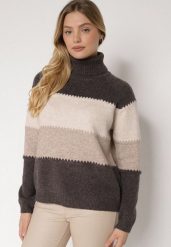 Brązowy Golf Oversize w Szerokie Pasy z Domieszką Kaszmiru Nellemia. Brązowe golfy Born2be, uniwersalny, bez wzorów, z dzianiny, bez ramiączek. Za 129.99 zł.