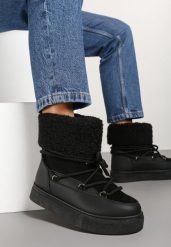 Czarne Śniegowce Futerkowe na Platformie ze Sznurowaną Cholewką Izalithia. Czarne trapery i śniegowce Renee, z futra. Za 79.99 zł.