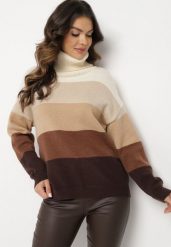 Beżowy Golf Klasyczny Zimowy Sweter z Kaszmirem Aziena. Brązowe golfy Born2be, bez wzorów, z jeansu, bez ramiączek. Za 134.99 zł.
