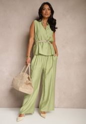 Jasnozielony Komplet Szerokie Spodnie i Koszula Bez Rękawów Zivanna. Zielone koszule Renee, l, bez wzorów, eleganckie, bez kołnierzyka, bez ramiączek. Za 74.99 zł.
