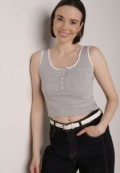 Szary Bawełniany Top w Prążki z Guzikami przy Dekolcie Bervise. Szare topy Born2be, m, bez wzorów, z bawełny, bez kołnierzyka, bez ramiączek. Za 29.99 zł.