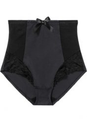 Figi panty shape, średni stopień modelowania sylwetki. Czarne figi bonprix, bez wzorów, z koronki. Za 72.99 zł.