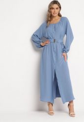 Niebieska Luźna Sukienka Maxi z Guzikami i Paskiem z Ozdobną Klamrą Liriti. Niebieskie sukienki Born2be, l, bez wzorów, bez kołnierzyka, bez ramiączek, maxi. Za 119.99 zł.