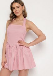 Różowa Rozkloszowana Sukienka Vices z Paskiem na Szyję Nelimira. Czerwone sukienki Born2be, na co dzień, l, z aplikacjami, eleganckie, bez kołnierzyka, bez ramiączek, mini, rozkloszowane. Za 79.99 zł.