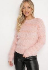 Jasnoróżowy Puchaty Sweter z Wełną i Ściągaczami Exenevia. Czerwone swetry Born2be, bez wzorów, z jeansu, bez ramiączek. Za 59.99 zł.
