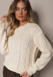 Jasnobeżowy Sweter z Wełną Ozdobnym Splotem i Ściągaczem Nariae. Brązowe swetry Renee, uniwersalny, bez wzorów, z jeansu, bez ramiączek. Za 54.99 zł.