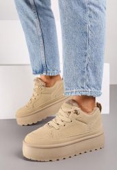 Ciemnobeżowe Sneakersy Stylizowane na Śniegowce Ozdobione Futerkiem Maviena. Brązowe trapery i śniegowce Renee, z materiału. Za 99.99 zł.