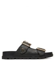 Guess Klapki FLTFST LEA03 Czarny. Czarne klapki Guess, z aplikacjami, ze skóry, bez obcasa. Za 545.00 zł.
