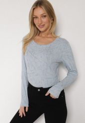 Niebieska Bluzka Typu Longsleeve z Geometrycznym Wzorem Unila. Niebieskie bluzki Born2be, l, bez wzorów, z jeansu, biznesowe, bez kołnierzyka, bez ramiączek. Za 49.99 zł.