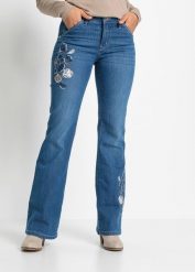 Jeansy flared, mid waist, ze stretchem. Niebieskie jeansy bonprix, bez wzorów. Za 169.99 zł.