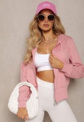 Różowa Klasyczna Rozpinana Bluza na Suwak ze Ściągaczem Parivea. Czerwone bluzy Renee, l, bez wzorów, z kapturem. Za 29.99 zł.