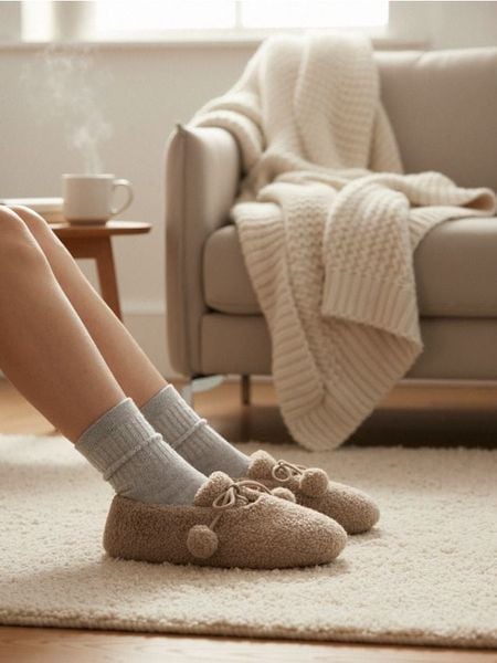 Kapcie z ozdobnymi pomponami - beżowy. Brązowe obuwie domowe Sinsay, bez wzorów, bez zapięcia. W wyprzedaży za 13.99 zł.