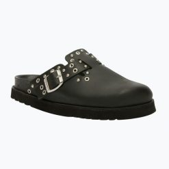 Klapki damskie Scholl Beatriz Ring Leather. Czarne klapki Scholl, bez wzorów, z materiału, bez obcasa. Za 589.99 zł.