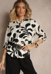 Czarna Wiskozowa Bluzka o Koszulowym Kroju z Dekoltem w Serek w Roślinny Print Kolaniria. Czarne bluzki Renee, m, bez wzorów, z jeansu, eleganckie, bez kołnierzyka, bez ramiączek. W wyprzedaży za 52.49 zł.