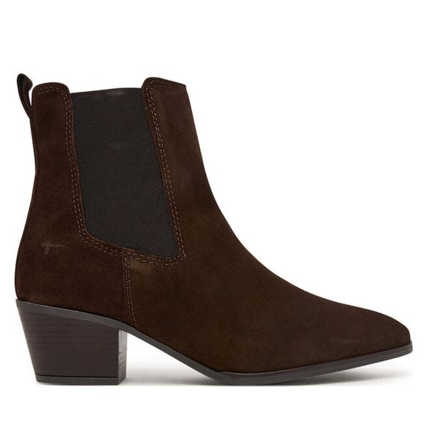 Botki Tamaris. Brązowe botki Tamaris, bez wzorów, bez obcasa, na słupku, bez zapięcia. Za 419.99 zł.