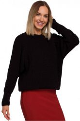 Sweter damski z przędzy ze splotem w prążek reglanowe rękawy czarny. Czarne swetry Polskie swetry, m, bez wzorów, ze splotem, bez ramiączek. Za 245.00 zł.