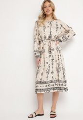 Jasnobeżowa Sukienka we Wzory Boho Pudełkowa z Paskiem w Talii Lisanea. Brązowe sukienki Born2be, na co dzień, bez wzorów, z materiału, boho, bez kołnierzyka, bez ramiączek, midi, w kształcie A. Za 89.99 zł.