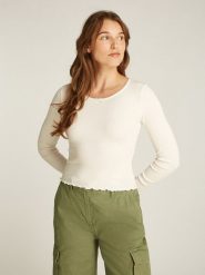 TOMMY JEANS Koszulka w kolorze kremowym rozmiar: XS. Brązowe bluzki Tommy Jeans, xs, bez wzorów, z jeansu, bez kołnierzyka, bez ramiączek. Za 128.25 zł.