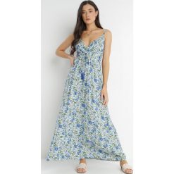 Niebieska Sukienka Argaea. Niebieskie sukienki Born2be, na lato, m, w ażurowe wzory, z wiskozy, bez kołnierzyka, bez ramiączek, maxi, kopertowe. Za 84.99 zł.