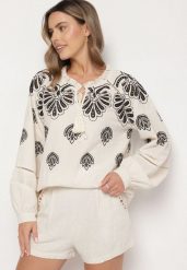 Beżowa Bawełniana Bluzka ze Wzorem Boho Nilowena. Brązowe bluzki Born2be, l, z aplikacjami, z bawełny, boho, bez kołnierzyka, bez ramiączek. Za 139.99 zł.