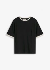 Bluzka z koronkową lamówką. Żółte bluzki bonprix, bez wzorów, z koronki, eleganckie, bez kołnierzyka, bez ramiączek. Za 37.99 zł.