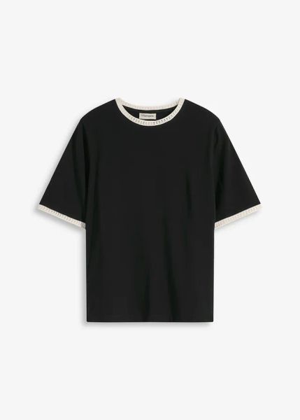 Bluzka z koronkową lamówką. Żółte bluzki bonprix, bez wzorów, z koronki, eleganckie, bez kołnierzyka, bez ramiączek. Za 37.99 zł.
