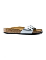 Damskie sandały Birkenstock Madrid Birko-Flor srebrne regular 0040411. Szare sandały Birkenstock, bez wzorów, z materiału, eleganckie, bez obcasa, bez zapięcia. Za 279.00 zł.