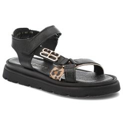 Czarne Sandały Armodo Modne Obuwie Damskie Panterka. Czarne sandały Armodo, z aplikacjami, ze skóry, eleganckie, bez obcasa, bez zapięcia. Za 305.99 zł.