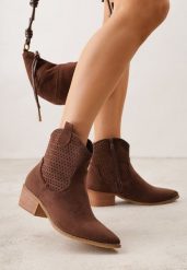 Brązowe Botki Kowbojki Vices na Słupku z Ażurową Cholewką Elfedi. Brązowe botki Renee, w ażurowe wzory, z jeansu, bez obcasa, na obcasie, bez zapięcia. Za 149.99 zł.