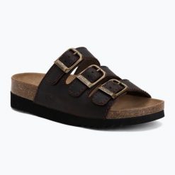Klapki damskie Scholl Rio Wedge Ad Med. Brązowe klapki Scholl, bez wzorów, z materiału, bez obcasa. Za 289.99 zł.