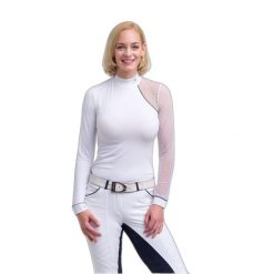 Damska koszulka polo do jazdy konnej z długim rękawem Cavalliera Modern. Białe bluzki CAVALLIERA, bez wzorów, sportowe, bez kołnierzyka, bez ramiączek. W wyprzedaży za 296.50 zł.