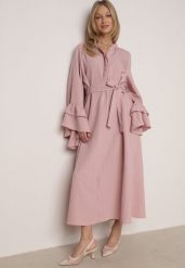 Różowa Wiskozowa Sukienka Koszulowa z Falbanami przy Rękawach i Paskiem Dinirae. Czerwone sukienki Born2be, na co dzień, l, bez wzorów, z materiału, klasyczne, bez kołnierzyka, bez ramiączek, maxi, koszulowe. Za 219.99 zł.