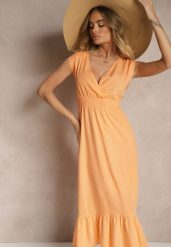 Pomarańczowa Kopertowa Sukienka z Wiskozy Zdobiona Falbanką Ularisela. Brązowe sukienki Renee, na co dzień, l, z aplikacjami, z wiskozy, eleganckie, bez kołnierzyka, bez ramiączek, midi, kopertowe. Za 49.99 zł.