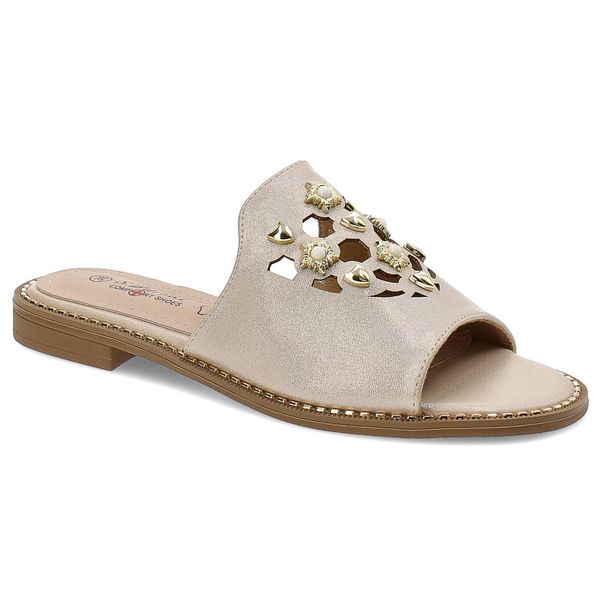 Złote Klapki S.Barski Eleganckie Buty Damskie. Żółte klapki S.BARSKI, bez wzorów, ze skóry ekologicznej, bez obcasa. Za 119.00 zł.