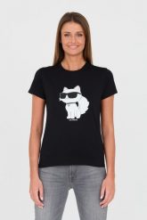KARL LAGERFELD Czarny damski t-shirt z kotem, Rozmiar S. Czarne t-shirty KARL LAGERFELD, s, bez wzorów, bez kołnierzyka, bez ramiączek. W wyprzedaży za 219.99 zł.