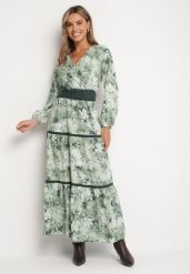 Zielona Kopertowa Rozkloszowana Sukienka Ozdobiona Paskiem i Falbanami Fezisia. Zielone sukienki Born2be, l, bez wzorów, eleganckie, bez kołnierzyka, bez ramiączek, maxi, kopertowe. Za 119.99 zł.