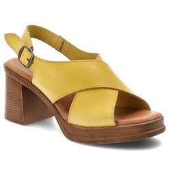 Sandały damskie Hee, cholewka ze skóry naturalnej szerokie paski krzyżowane zapięcie na sprzączkę, żółte, 26542. Żółte sandały Hee, bez wzorów, ze skóry, bez obcasa, na obcasie, bez zapięcia. Za 379.00 zł.