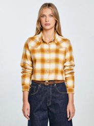 Koszula damska flanelowa z wiskozy w kratę żółto-brązowa Dreni 201. Żółte koszule Big Star, l, bez wzorów, z tkaniny, eleganckie, bez kołnierzyka, bez ramiączek. Za 229.99 zł.