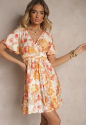 Pomarańczowa Rozkloszowana Sukienka z Wiskozą w Kwiaty z Kopertowym Dekoltem Zeledia. Brązowe sukienki Renee, na co dzień, na lato, l, bez wzorów, z wiskozy, eleganckie, bez kołnierzyka, bez ramiączek, mini, kopertowe. Za 39.99 zł.