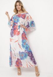 Biało-Fioletowa Rozkloszowana Sukienka z Wiązaniem w Talii i Szerokimi Rękawami Nellanora. Białe sukienki Born2be, do pracy, bez wzorów, biznesowe, bez kołnierzyka, bez ramiączek, maxi, rozkloszowane. Za 59.99 zł.