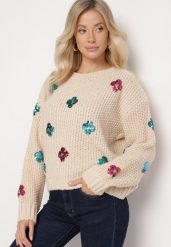Beżowy Sweter z Tłoczonej Dzianiny z Wiskozą Zdobiony Cekinowymi Kwiatami Edamara. Brązowe swetry Born2be, l, z aplikacjami, z dzianiny, bez ramiączek. W wyprzedaży za 79.99 zł.