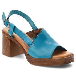 Sandały damskie Hee, cholewka ze skóry naturalnej otwarty przód zapięcie na sprzączkę odkryta pięta stabilny obcas, niebieskie, 26544. Niebieskie sandały Hee, bez wzorów, ze skóry, z otwartym noskiem, bez obcasa, na obcasie, bez zapięcia. Za 379.00 zł.