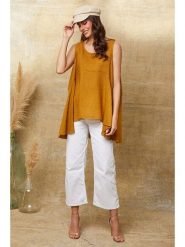 Joséfine Lniany top "Ottilie" w kolorze musztardowym rozmiar: XL. Żółte topy Joséfine, xl, bez wzorów, ze lnu, bez kołnierzyka, bez ramiączek. Za 130.99 zł.