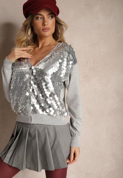 Szary Kardigan na Guziki z Wiskozą i Cekinami Evelith. Szare kardigany Renee, z aplikacjami, z jeansu. Za 79.99 zł.