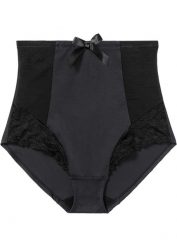 Figi panty shape, średni stopień modelowania sylwetki. Czarne figi bonprix, bez wzorów, z koronki. Za 79.99 zł.
