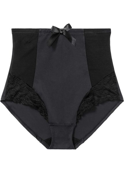 Figi panty shape, średni stopień modelowania sylwetki. Czarne figi bonprix, bez wzorów, z koronki. Za 79.99 zł.
