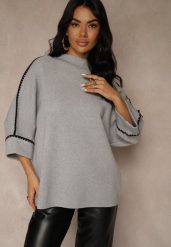 Szary Sweter Ozdobiony Lamówką na Rękawach Tusenna. Szare swetry Renee, bez wzorów, z jeansu, bez ramiączek. Za 69.99 zł.