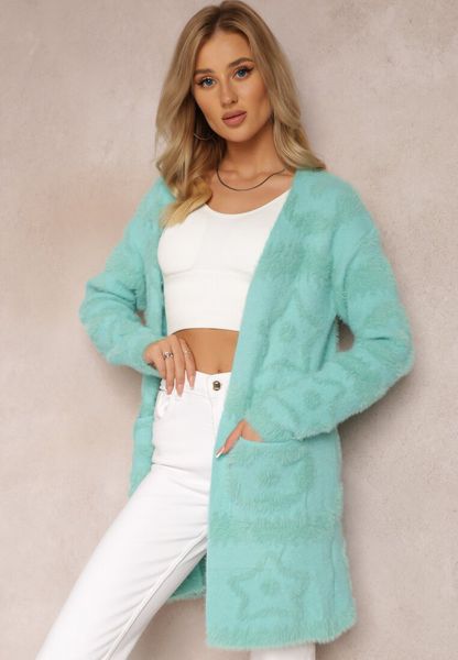 Zielony Długi Kardigan Puszysty Aborra. Zielone kardigany Renee, bez wzorów, z dzianiny. Za 89.99 zł.